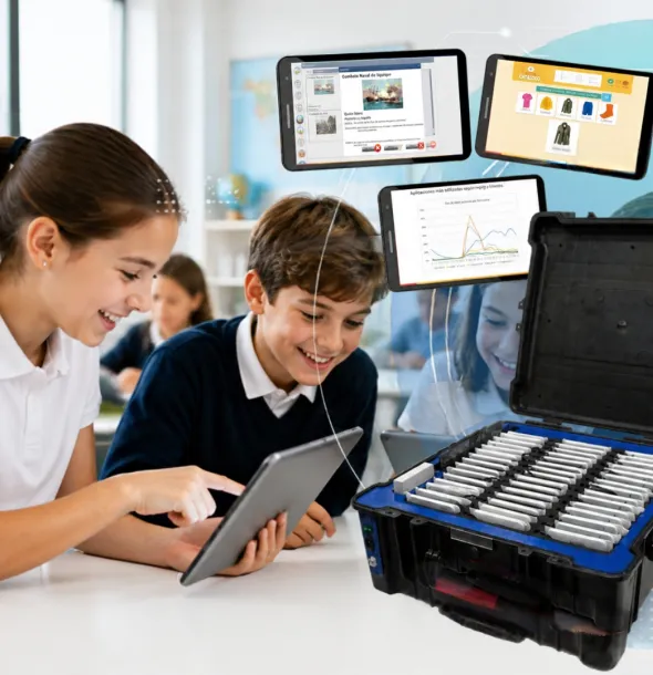 Recurso ilustrativo de estudiantes con tablets y una maleta de almacenamiento móvil.